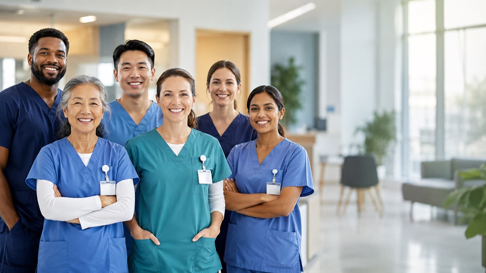 The PureJoy Home Health caregiving team — six caregivers in scrubs, standing together and smiling